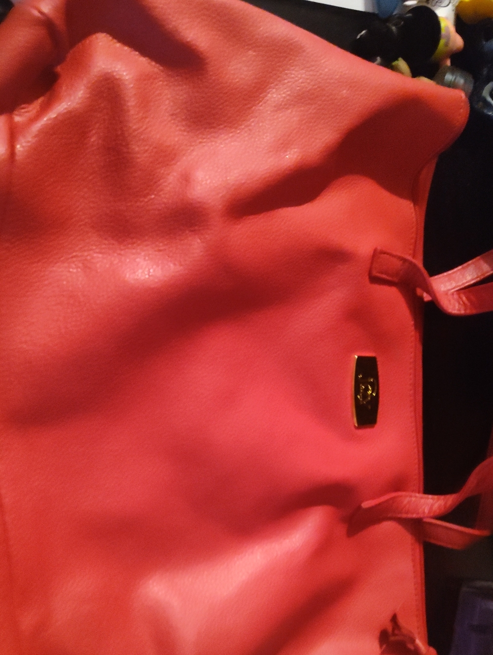 Coral Red Leather Tote Bag with Gold Plaque